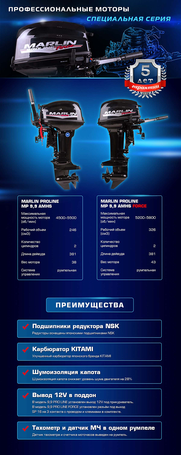 Лодочный мотор MARLIN PROLINE MP 9.9 (20) AMHS FORCE в Челябинске